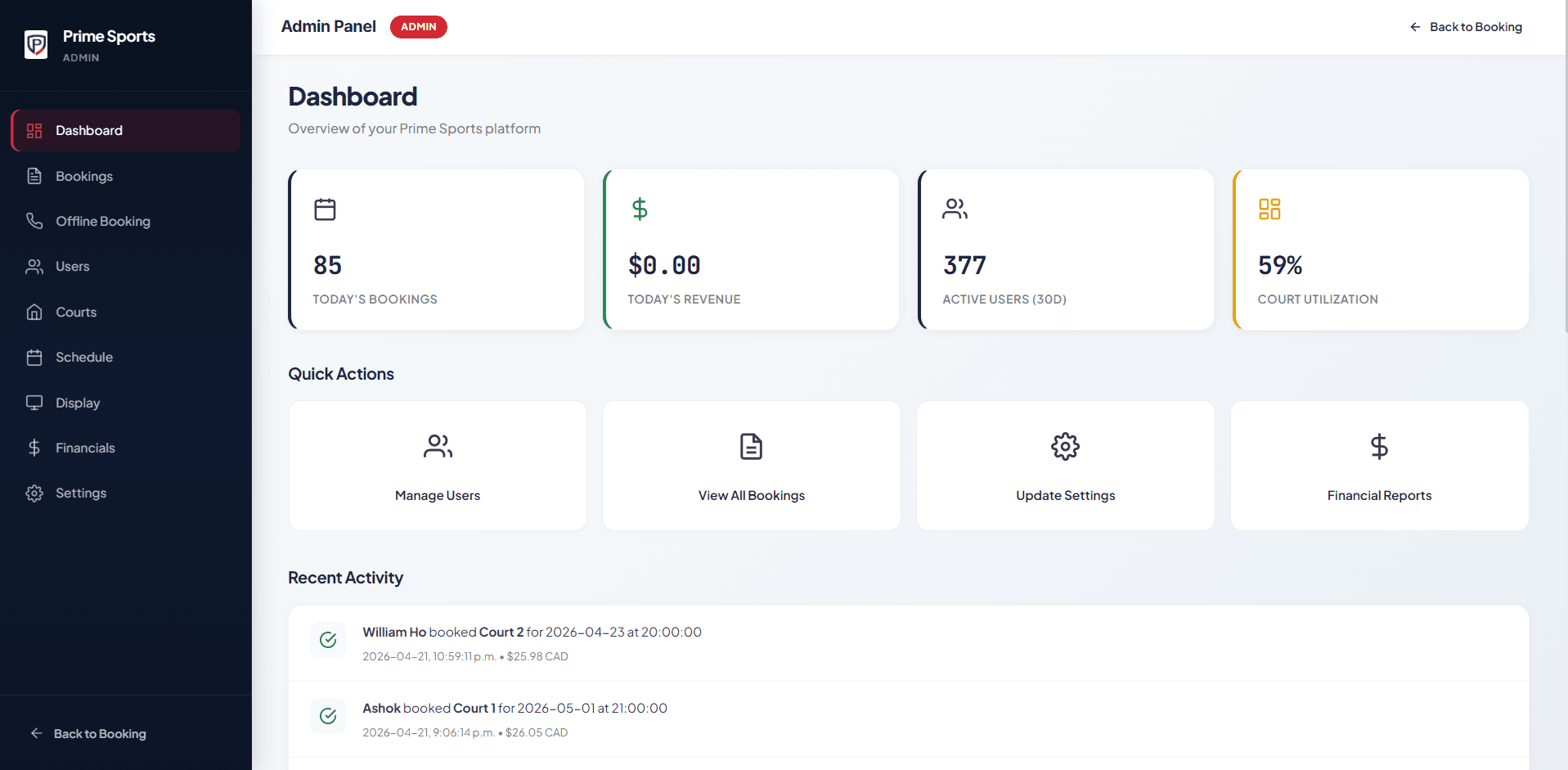 Prime Sports Centre Booking System screen 3