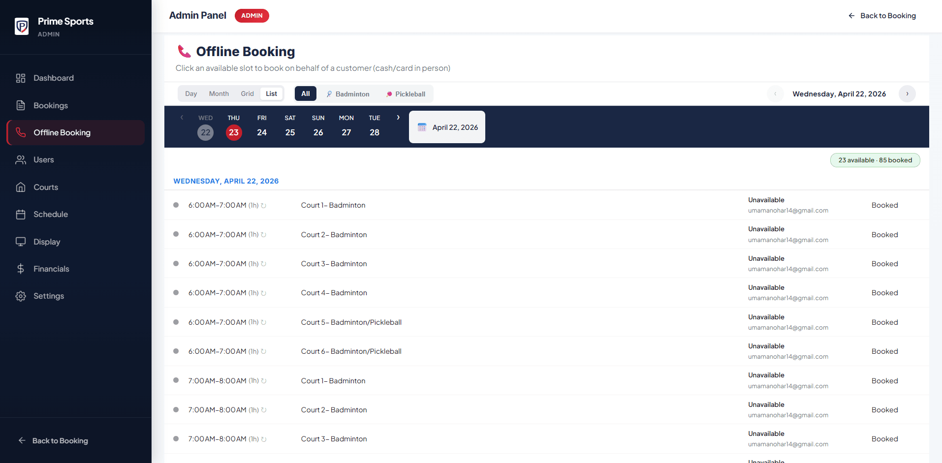 Prime Sports Centre Booking System screen 4